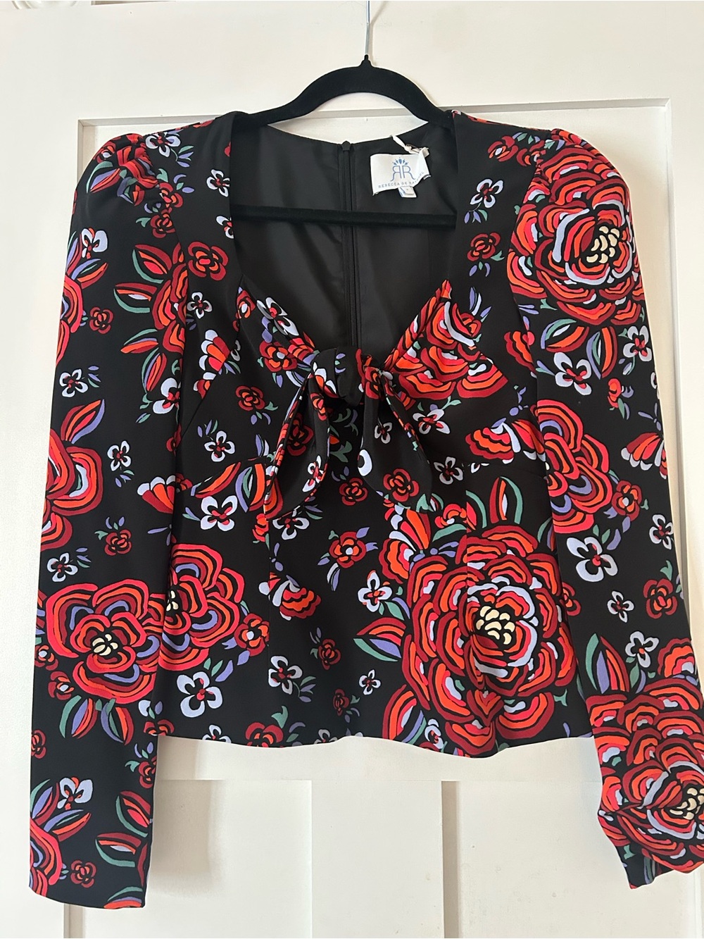 Rebecca De Ravenel Black Floral Tie-Neck Blouse - Red Floral